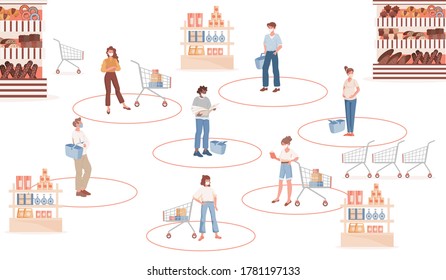 People keep safe social distance and wearing protective face masks in the shop vector flat illustration. Men and women shopping after Coronavirus outbreak. New normal after global pandemic.