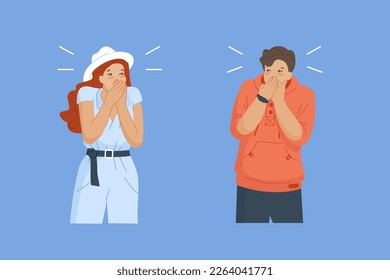 People keep secret. Couple hand shutting their mouth, be quiet concept lady keeping silent, shy calm friends not rumor talks, surprise person close lips cartoon vector illustration