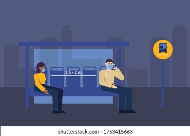 People keep a social distance in in bus stop,
masked people on public transport, summer 2020, life after the covid-19 pandemic.
