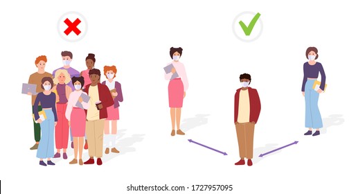 People keep social distance. Student keeping distance, infection risk. Protective medical mask prevent coronovirus. Different nations representatives with gadgets. Vector illustration