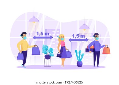 People keep social distancing scene. Men and women in protective masks holding purchases stand at queue. Safe distance, prevention coronavirus concept. Vector illustration of characters in flat design
