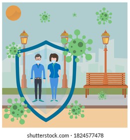 People keep / stay safe outside of the coronavirus illustration vector