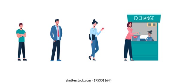 People keep their distance when they stand in line at the currency exchange office. Social safe distance between people so as not to spread virus, coronavirus COVID-19. Men, women change money. Vector