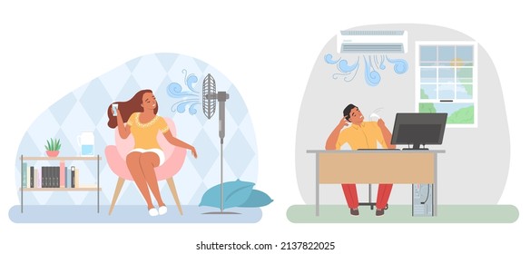 People Keeping Cool In Hot Weather Using Air Conditioner, Fan In Office And At Home, Flat Vector Illustration. Summer Heat. Overheating And Exhaustion.