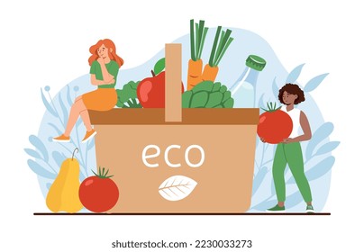 People keeping diet. Young girls sit on basket with eco, fresh and natural products, health care and active lifestyle. Advertising poster or banner for website. Cartoon flat vector illustration