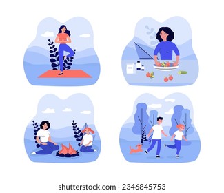 People keeping fit and healthy vector illustrations set. Happy adults and children meditating, eating fruits and vegetables, camping at nature, jogging. Health and wellness, active lifestyle concept