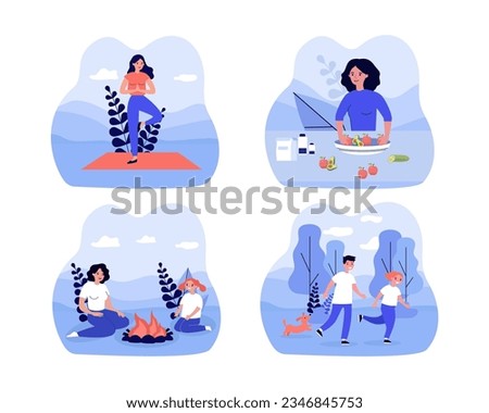 People keeping fit and healthy vector illustrations set. Happy adults and children meditating, eating fruits and vegetables, camping at nature, jogging. Health and wellness, active lifestyle concept
