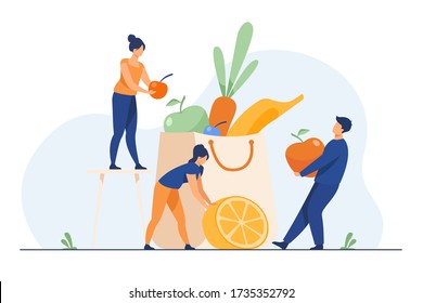 Gente que mantiene una dieta saludable. Hombre y mujer empacando bolso de papel con frutas y verduras frescas. Ilustración vectorial para el concepto de nutrición orgánica, alimentación dietista, vegetariana o vegetariana