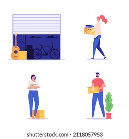 People Keeping Personal Items And Boxes In Rental Self-storage Units. Characters Set. Collection Of Self Storage Unit, Small Mini Warehouse, Rental Garage. Vector Illustration In Flat Design