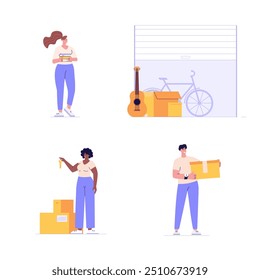 People keeping personal items and boxes in self-storage units. Characters and elements set. Collection of self storage unit, small mini warehouse, rental garage. Vector illustration in flat design