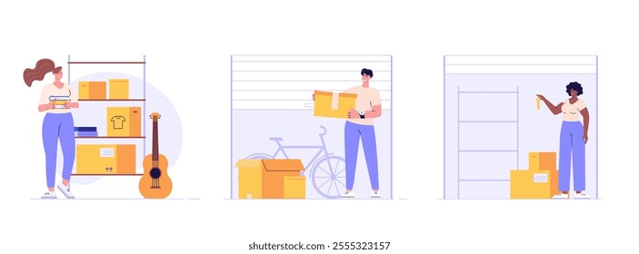 People keeping personal items and boxes in self-storage units. Characters and elements set. Collection of self storage unit, small mini warehouse, rental garage. Vector illustration in flat design