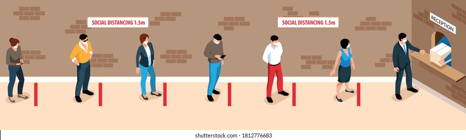 People keeping safe distance in queue at reception 3d isometric vector illustration