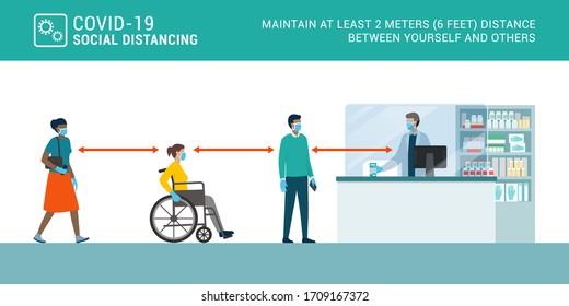 People keeping a safe distance while buying meds at the pharmacy, coronavirus covid-19 epidemic safety advice