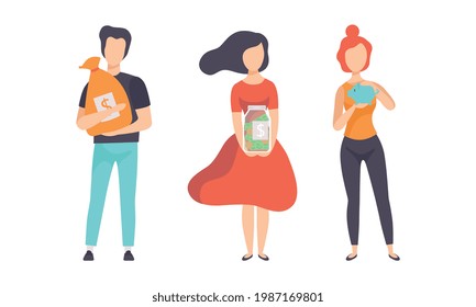 People Keeping their Savings in Piggy Bank Set, Money Savings, Investment, Funding Concept Flat Vector Illustration