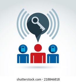 People key and padlock lock conceptual vector icon, unlock your mind, unlock your perception, ideological mentor and leader, vector conceptual unusual symbol for your design.