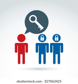 People key and padlock lock conceptual vector icon, unlock your mind. Ideological mentor and leader, vector conceptual unusual symbol for your design.