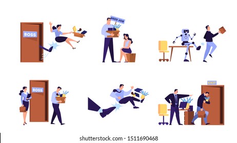 People Kicked Out Of Work Set. Idea Of Unemployment. Jobless Person, Financial Crisis. Isolated Flat Vector Illustration