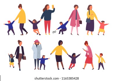 People with kids. Busy tired parents with naughty children set. Vector characters illustration.