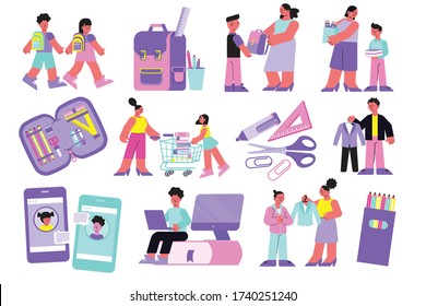 People and kids buying various school supplies flat icons set isolated on white background vector illustration