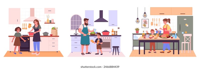 People with kids cooking at home. Homemade meal preparation, families preparing food on house table flat vector illustration set. Cooking with children scenes