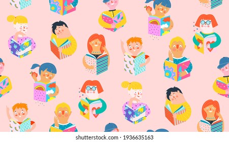 Personas o niños leyendo libros y pensamiento, coloración colorida o corte de papel estilo patrón sin fisuras. Lección de estilo de vida hobby fondo sin fisuras, diseño de vector simple moderno.