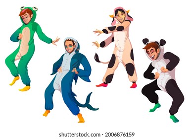 People in kigurumi pajamas, young men and women wearing animal costumes frog, shark, cow and panda. Teenagers dance and fun at home party, Halloween or New Year celebration Cartoon vector illustration