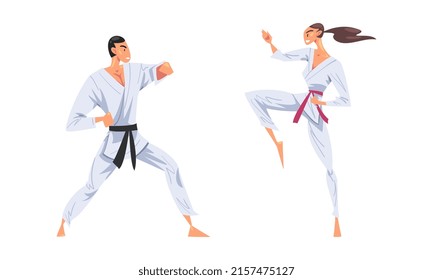 People in kimono practicing karate martial art cartoon vector illustration