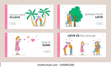 People Kissing and Hugging Landing Page Template Set. Male and Female Characters Flirting and Express Feelings and Attraction to Each Other. Resort Romance, Relaxing Time. Linear Vector Illustration