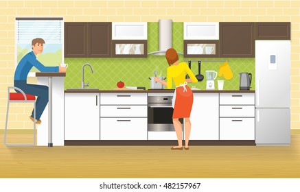 People at kitchen design with cupboards and cabinets domestic appliances green tile and laminated floor vector illustration