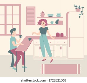 People in the kitchen drinking coffee and talking. Cozy interior and cheerful guy and girl. Vector illustration.