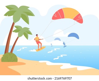 People kitesurfing at sea on summer day flat vector illustration. Boy or surfer doing physical activity during holiday, having fun. Extreme water sports game, recreation, hobby concept