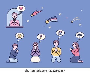 People are kneeling, holding hands and making a wish. flat design style vector illustration.