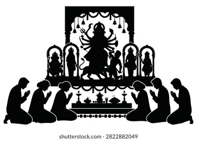 People kneeling in prayer before a decorated altar with deity figures and offerings