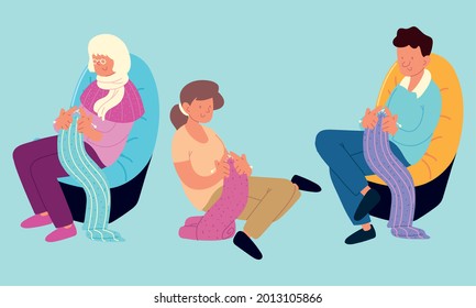 people and knitting cloth colored scarves