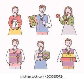 People in Korean traditional clothes are holding holiday gifts in their hands. outline simple vector illustration.