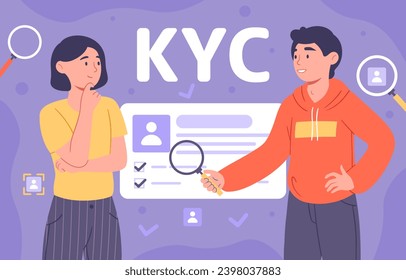 People with KYC concept. Know your customer service. Woman and man with magnifying glass analyze client behaviour, marketing research. Cartoon flat vector illustration isolated on violet background