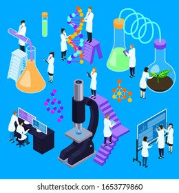 Gente de laboratorio isométrico vectorial conjunto científicos, químicos profesionales y personajes médicos haciendo experimentos químicos en laboratorio. Ilustración aislada del microscopio de equipo científico.