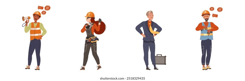 People Labor Character Protest Having Picket Vector Set