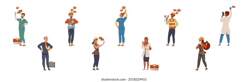 People Labor Character Protest Having Picket Vector Set