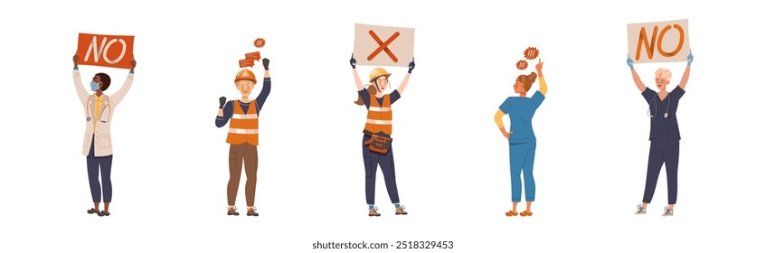 People Labor Character Protest Having Picket Vector Set
