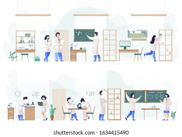 People in laboratory conducting experiment, scientists in white coats in science lab vector. Male and female researchers, scientific research. Testing equipment, Biology and Chemistry illustration