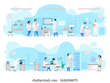 People in laboratory conducting experiment, scientists in white coats in science lab vector. Male and female researchers, scientific research. Testing equipment, Biology and Chemistry illustration