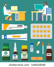People in laboratory conducting researches and studies vector, medical workers working on computers. Ointments and blister with pills, capsules and plaster