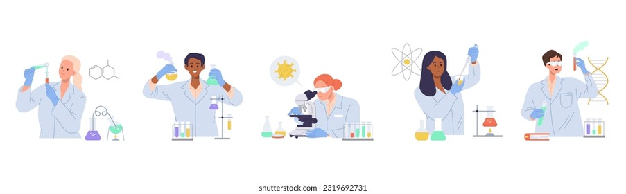 People at laboratory set, male female scientific workers characters discovering antiviral remedies