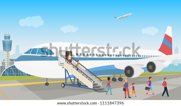 People landing from an airplane in airport.\
Disembarkation. Vector\
illustration.