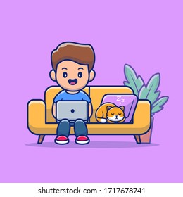 People With Laptop And Cat Vector Icon Illustration. Work From Home Mascot Cartoon Character. Flat Cartoon Style Suitable for Web Landing Page, Banner, Flyer, Sticker, Card