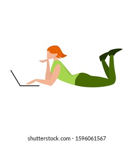 People with laptop computer. Character chatting on notebook. Woman on the floor. Isolated flat vector illustration