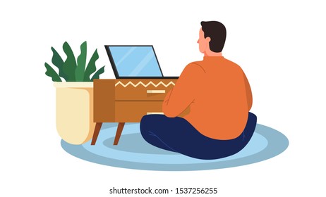 People with laptop computer. Character working on notebook. Man sitting on the floor. Isolated flat vector illustration