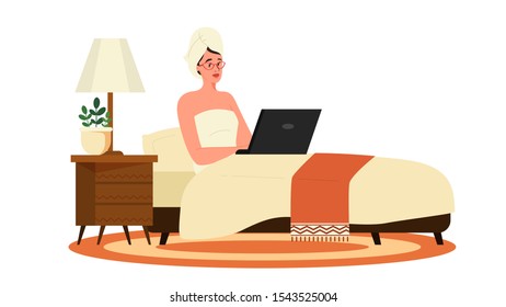 People with laptop computer. Character working on notebook. Woman laying in the bed. Isolated flat vector illustration