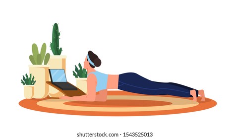 People with laptop computer. Character working on notebook. Woman laying using her laptop and doing fitness exercise on the floor. Isolated flat vector illustration
